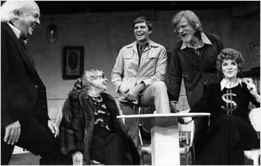 Gerry rehearsing the musical “Happy Birthday”, 1974. Pictured (left to right): James Hatcher producer & director, Anita Loos, Gary Conway, Gerry Mulligan and Fannie Flagg. Musical adapted from a play of the same name, written by Anita Loos, with music by Gerry Mulligan and lyrics by Judy Holliday. Photo by Franca R. Mulligan