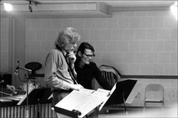 Gerry Mulligan and Chet Baker looking over music. Rehearsal for Carnegie Hall Concert, November 1974. Photograph by Franca R. Mulligan