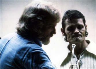 Gerry Mulligan and Chet Baker looking over music. Rehearsal for Carnegie Hall Concert, November 1974. Photograph by Franca R. Mulligan