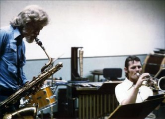 Gerry Mulligan and Chet Baker looking over music. Rehearsal for Carnegie Hall Concert, November 1974. Photograph by Franca R. Mulligan