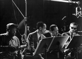 Ben Webster, Earl Warren, Lester Young and Gerry Mulligan, NYC TV Studio 1952. Photograph by Milt Hinton
