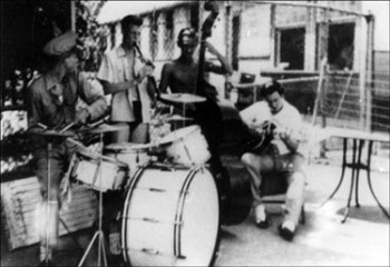 Gerry & Other Students at South Temple School Pool, Reading PA 1942-1943 Photographer Unknown Jacque Miller, Drums - Gerry, Clarinet - Wes Fisher, Bass - Guitarist, Unknown